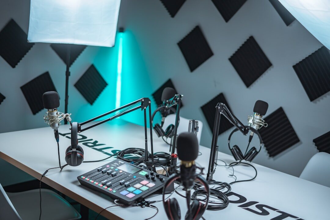 Modern broadcast studio interior with professional equipment